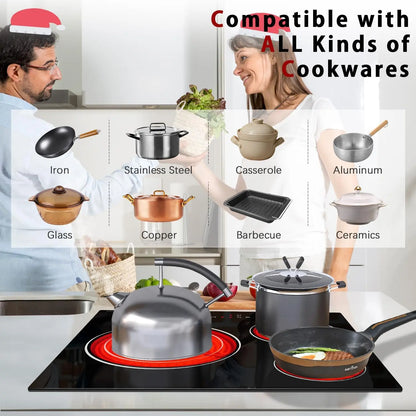 NOXTON Plaque de cuisson en céramique intégrée 3 feux, Table de cuisson électrique en verre cristal noir avec commande tactile, Minuterie, verrouillage pour enfants, 5700w, pas de prise incluse