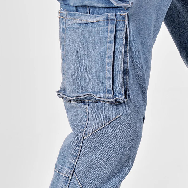 Pantalon cargo en denim pour hommes, taille élastique, couleur unie, délavé, coupe cintrée, décontracté, avec plusieurs poches, pour un usage quotidien