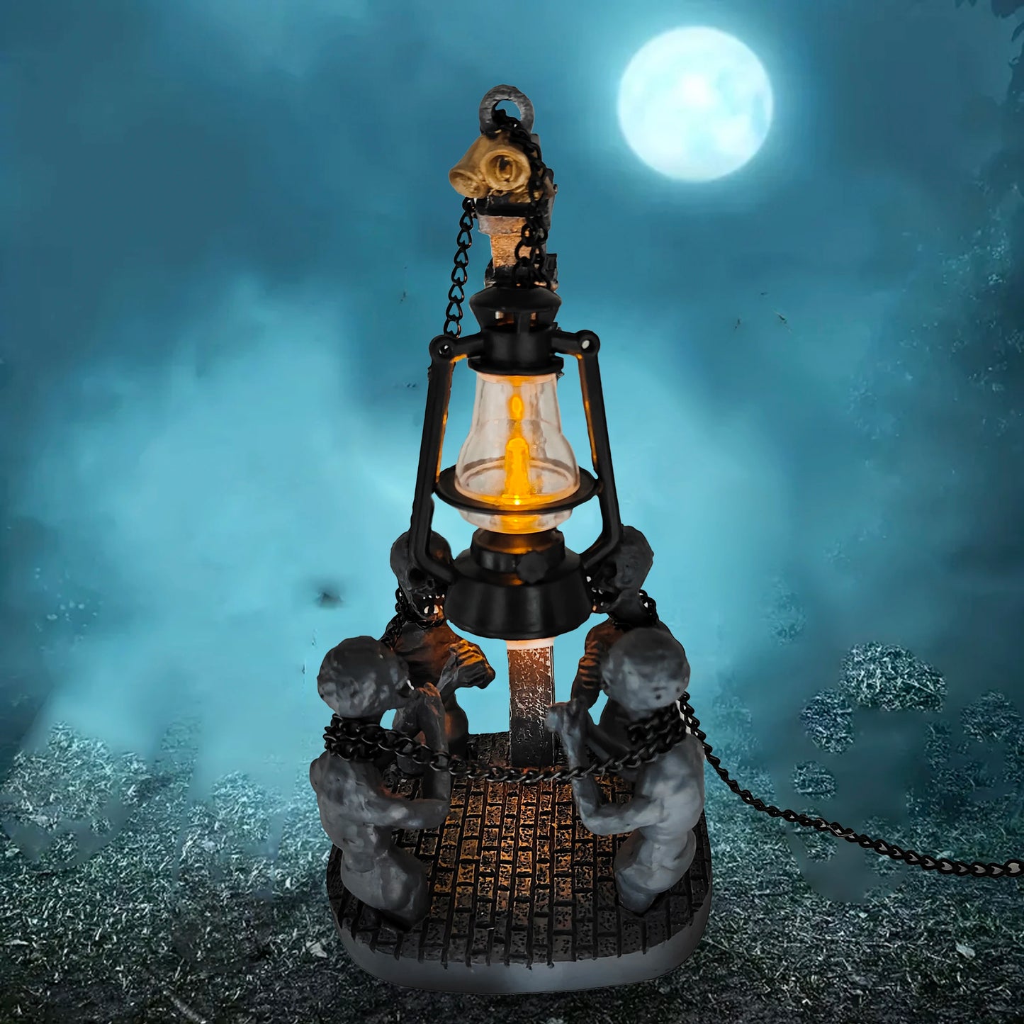 Décor de lampe à huile rétro d'Halloween, statues de fantômes de l'enfer en résine, lampe à huile de charbon de chaîne de fantôme maléfique gothique, décoration de maison de crâne d'Halloween.