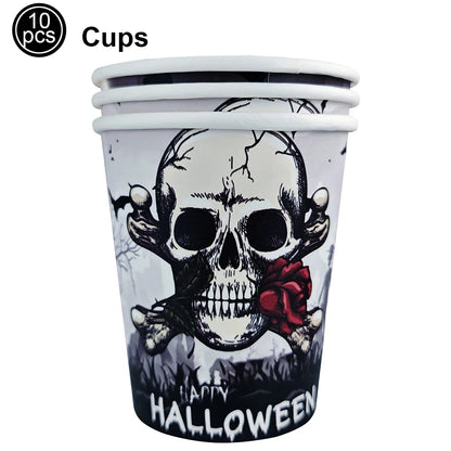 Assiettes de fête gothiques en forme de crâne pour Halloween, tasses, serviettes, corbeau de Rose, décors de fête pour Halloween, squelette, jour des morts, anniversaire