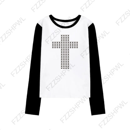 Y2K gothique esthétique femmes col incliné à manches longues T-Shirt Sexy mince Chic haut court Harajuku Rock Punk Hip Hop Hottie Streetwear