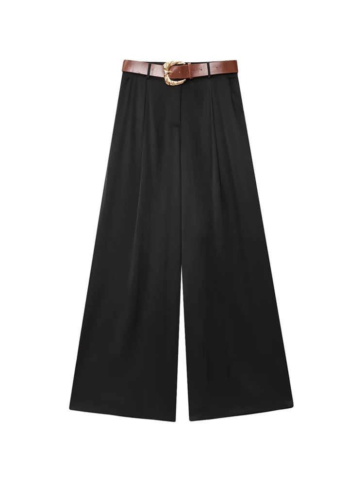 TRZA taille haute pantalon à jambes larges pour femmes mode ceinture avant fléchettes poches latérales pantalon femme