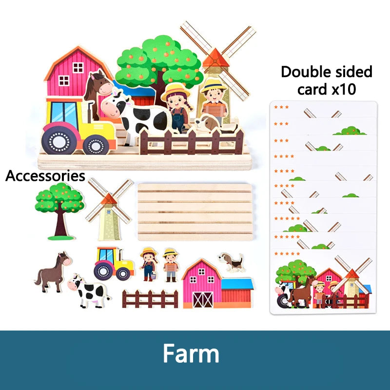 Jeu de pensée logique en bois pour enfants, puzzle de scène d'animaux de ferme, jeu de construction assorti, formation à l'imagination, jouets éducatifs Montessori
