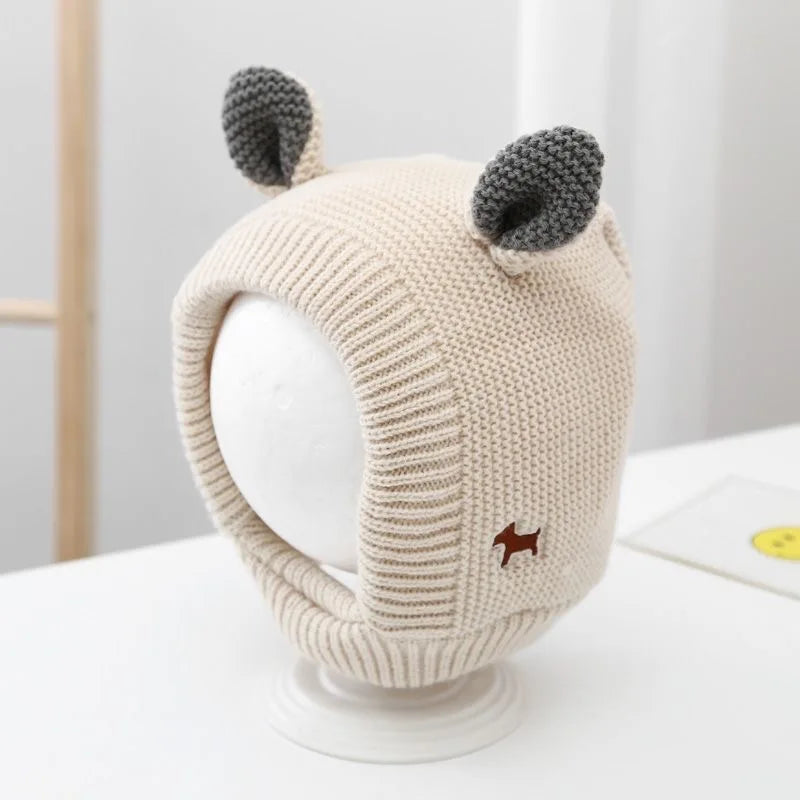 Bonnet en tricot avec oreilles de dessin animé pour bébé, bonnet à oreillettes pour bébé, document solide, épais, peluche, chaud, enfants, protection des oreilles, hiver, mignon