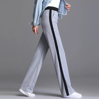 Pantalon de sport taille haute pour femme, mode coréenne, printemps, automne, décontracté, uni, poches brodées, élastique, droit, fjadt, nouveau
