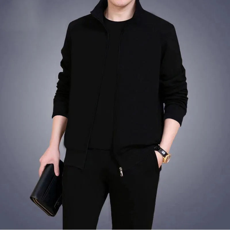Ensemble deux pièces pour hommes d'âge moyen et âgés, tenue décontractée et vêtements de sport, ensemble à manches longues, cardigan de couleur unie édition publique
