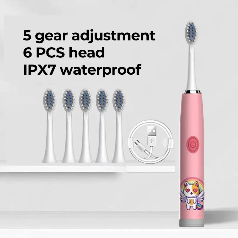 Brosse à dents électrique sonique USB pour enfants, Rechargeable, colorée, dessin animé, automatique, étanche IPX7, avec tête de remplacement