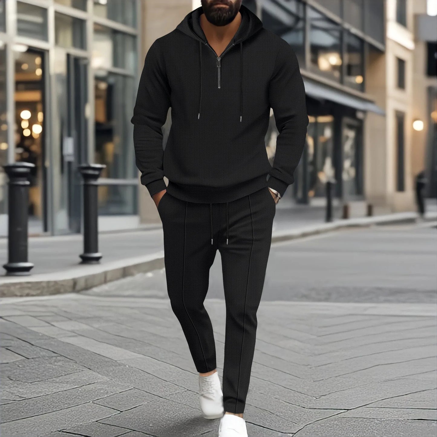 2025 nouveau printemps et automne hommes décontracté gaufre couleur unie petite fermeture éclair à capuche à manches longues paire pantalon deux hommes costume