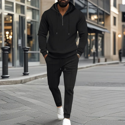 2025 nouveau printemps et automne hommes décontracté gaufre couleur unie petite fermeture éclair à capuche à manches longues paire pantalon deux hommes costume