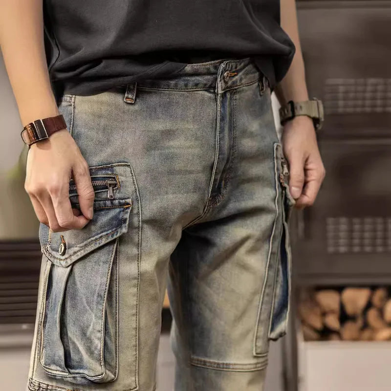 Jeans cargo stretch rétro pour hommes, pantalons décontractés, cône droit, mince, américain, lourd, marque de mode, printemps et automne