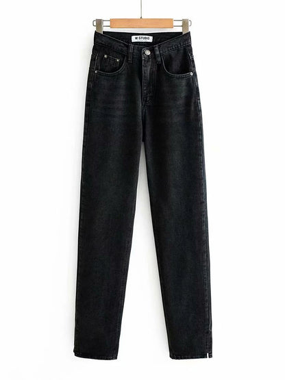 Jean droit Slim fendu pour femme, pantalon en Denim, taille haute, Vintage, Long, fente à la cheville, noir, 2023