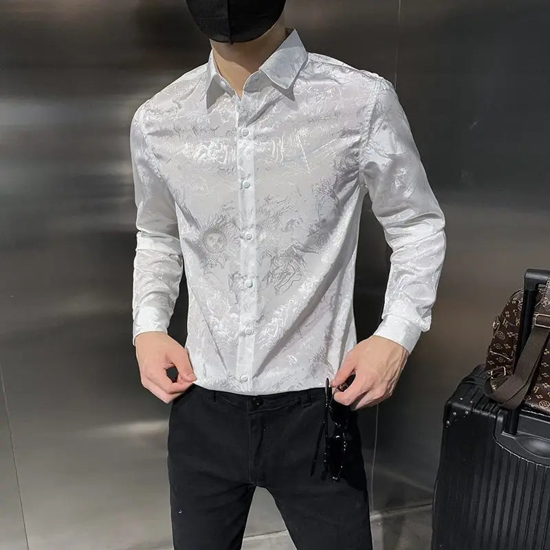Chemises fines droites à col rabattu pour hommes, beau, monochromatique, bouton d'impression décontracté, affaires, vêtements pour hommes, mode printemps, été, 2023