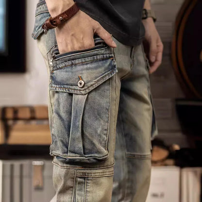 Jeans cargo stretch rétro pour hommes, pantalons décontractés, cône droit, mince, américain, lourd, marque de mode, printemps et automne