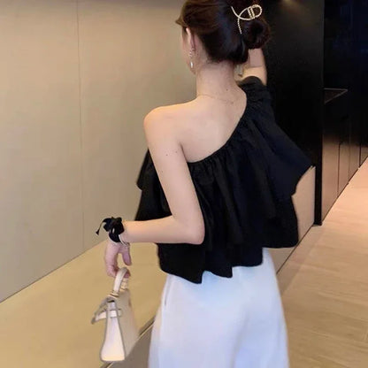 FibrBlouses-Haut Court pour Femme, Plis Solides, Col Incliné, Slim, Fin, Style Français, Design Doux, Classique, Sexy, Nouveau, Été