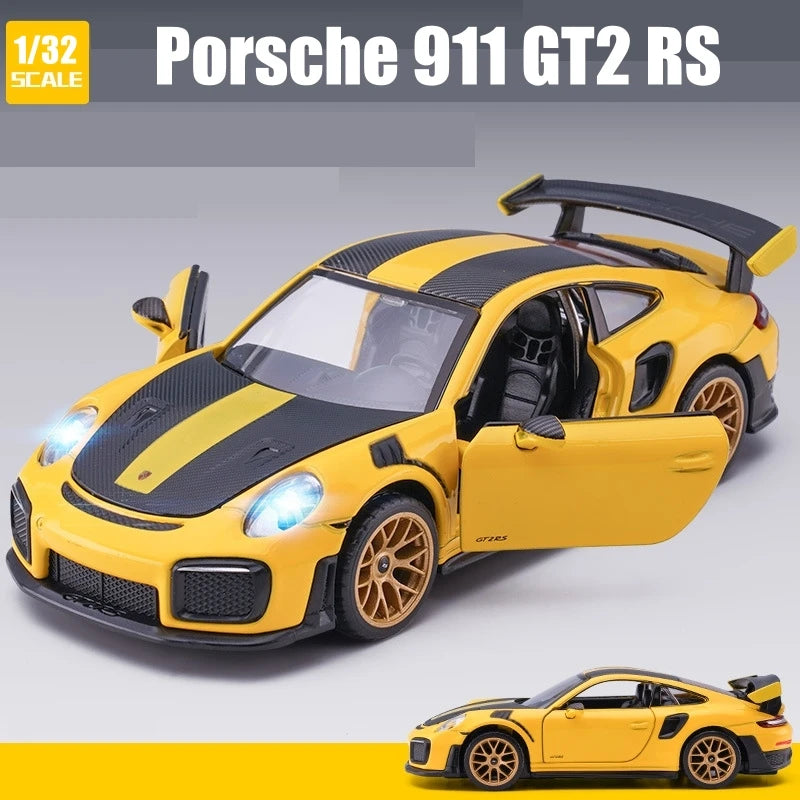 Modèle de voiture jouet Porsche 911 GT2 RS Carrera, course en métal moulé sous pression, Miniature, son et lumière, Collection cadeau pour garçons, 1/32