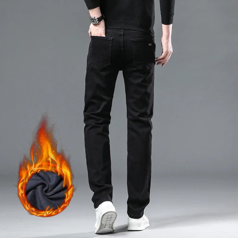 2025 nouveaux hommes d'hiver noir droit Stretch Denim épais velours pantalon chaud jean décontracté polaire ligne pantalon mâle grande taille