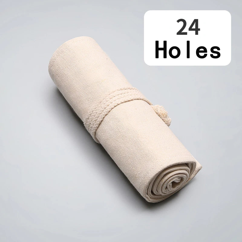 Étui à crayons en toile naturelle, porte-stylo enroulable, crayons de couleur, poudres polyvalentes, outil d'art, rond