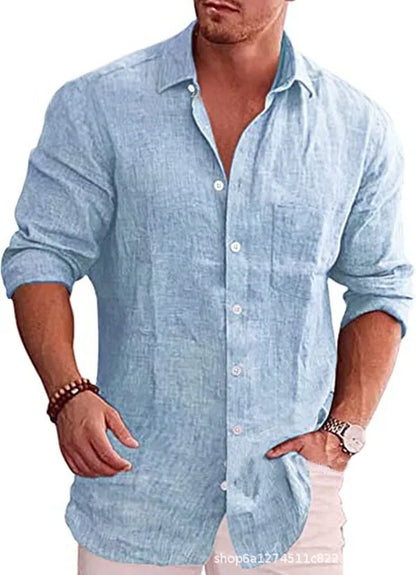 Chemise ample grande taille pour hommes, couleur unie, col en lin, manches longues, chemise décontractée