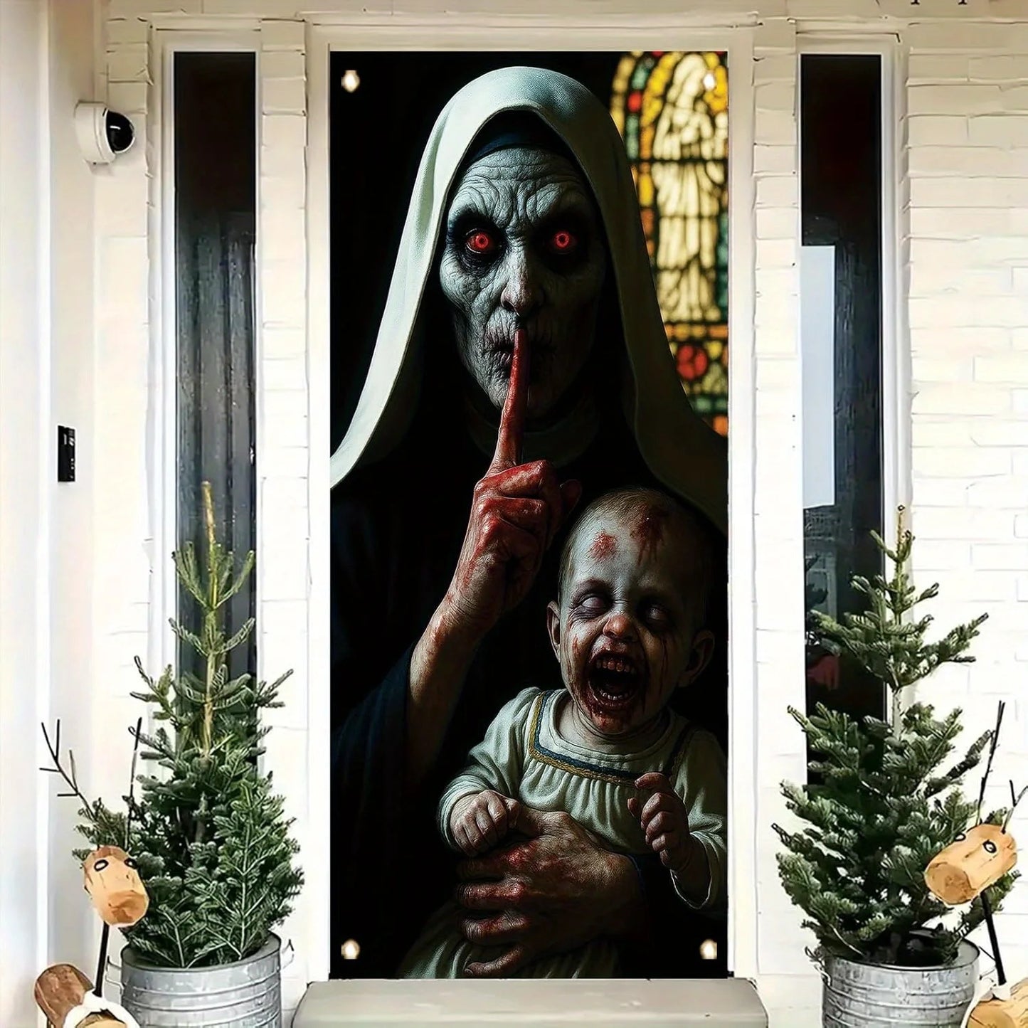 Une décoration de porte d'Halloween, un bannière terrifiuse zombie, monstres eerie, un rideau de porte d'entrée, des décorations terrificantes