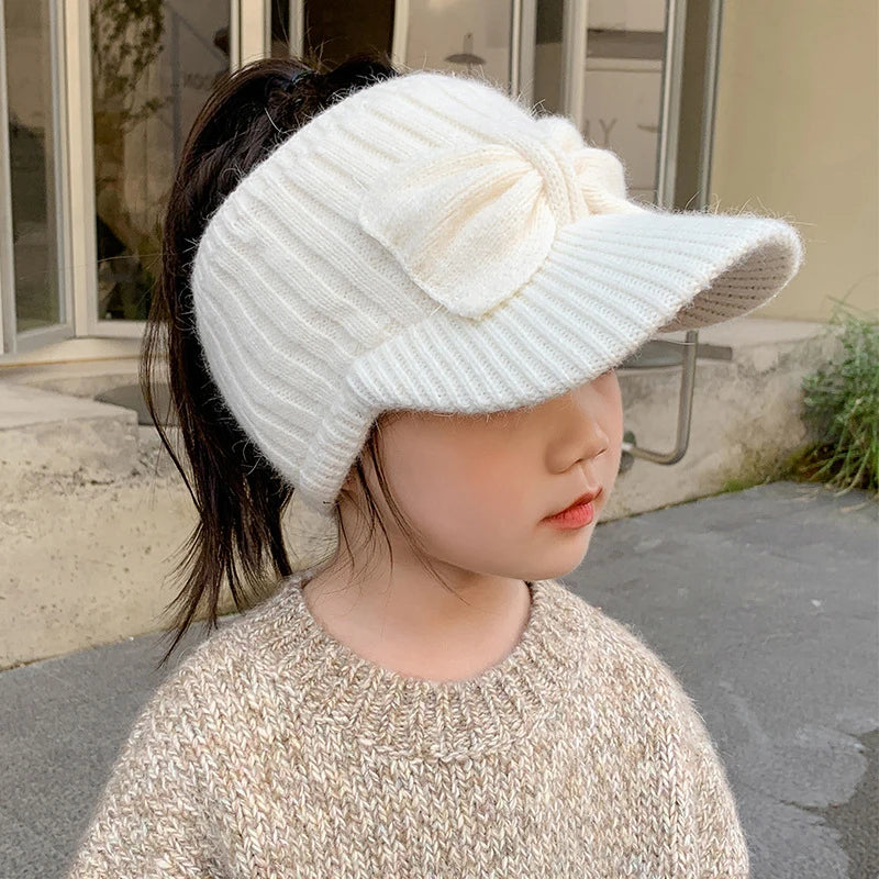Chapeau en laine pour Protection des oreilles, haut vide, avec nœud pour bébé fille, tricoté en bec de canard, pour enfants de 3 à 10 ans, couvre-oreilles chauds d'hiver, bonnets pour enfants