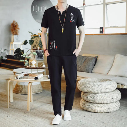 (Chemise + pantalon) 2024 été nouveau style mode hommes chemise à manches courtes chemises hommes ensembles chemises en coton mâle deux pièces M-5XL