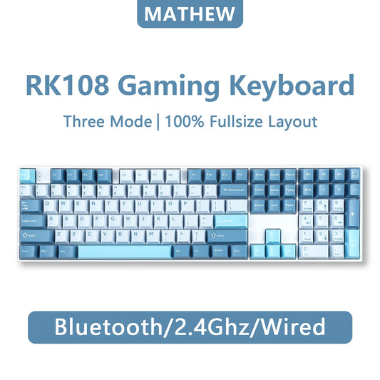 Clavier mécanique sans fil RK108, RVB, Bluetooth, 100%, grande taille, programmable, personnalisé, bricolage, 108 touches avec NumberSub