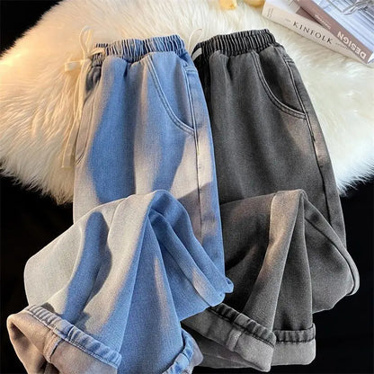 Jean coréen rétro pour hommes et femmes, modèles d'automne et d'hiver, rembourré et épais, ample, droit, jambes larges, pantalons décontractés