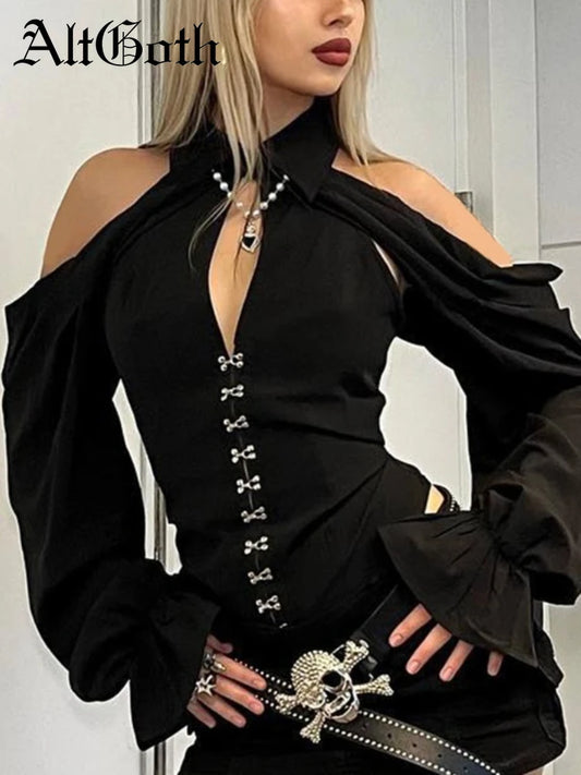 AltGoth Mall Goth Corset T-shirt femmes Vintage Streetwear esthétique Sexy évider bouton hors de l'épaule à manches longues T-shirt hauts