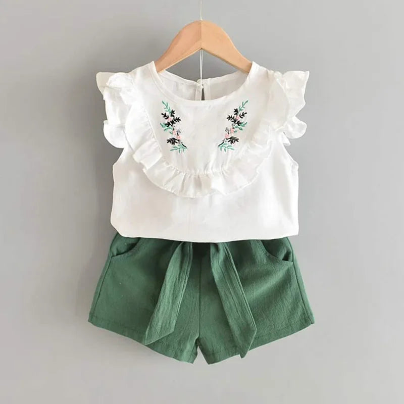 BEAR LEADER-Ensemble d'été décontracté en mousseline de soie pour enfant, t-shirt et pantalon bleus à fleurs, pour fille de 3 à 7 ans, nouvelle collection