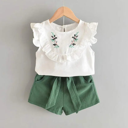 BEAR LEADER-Ensemble d'été décontracté en mousseline de soie pour enfant, t-shirt et pantalon bleus à fleurs, pour fille de 3 à 7 ans, nouvelle collection