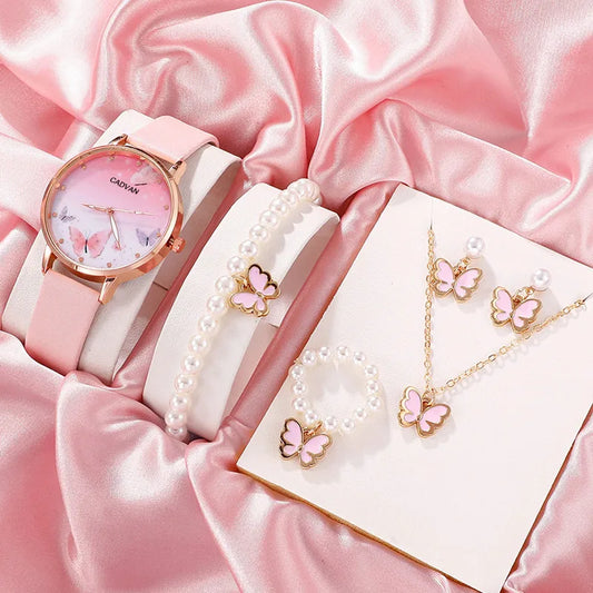Montre à quartz avec cadran papillon rose pour femme, montre-bracelet en cuir pour femme, design de marque de luxe, mode féminine, ensemble de 6 pièces