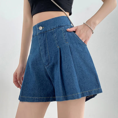 Short en Denim ample pour femmes, taille haute plissée, Mini court, ligne A, jambes larges, décontracté, été, 2025, Y2k
