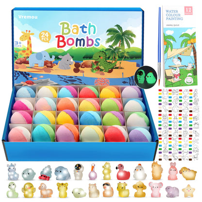Bombes de bain pour enfants avec jouet à l'intérieur, 24 bombes de bain moussantes naturelles et organiques avec surprise qui brille dans la nuit à l'intérieur