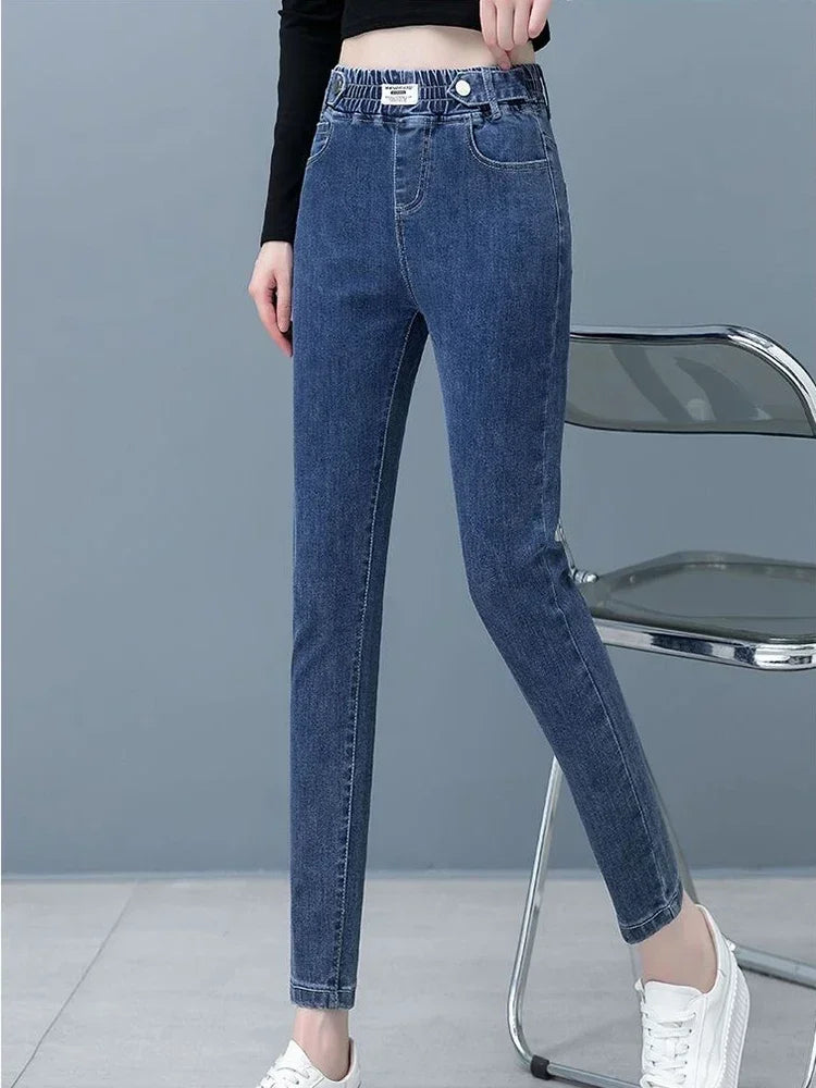Pantalon crayon en denim skinny épais pour femme, jean décontracté, doublé de velours en peluche, taille haute, coréen, chaud, commandé, hiver, nouveau