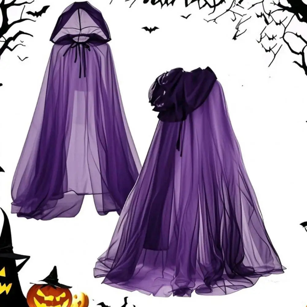 Cape de Costume de Cosplay fantôme d'halloween pour adulte, Cape de sorcière à lacets à capuche, Cape transparente pleine longueur avec capuche surdimensionnée