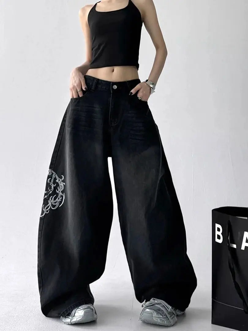 Rue rétro ligne américaine modèle jean décontracté femmes 2025 été nouvelle mode taille haute ample jambe large jean Biack Y2K jean