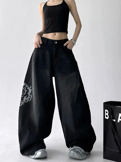 Rue rétro ligne américaine modèle jean décontracté femmes 2025 été nouvelle mode taille haute ample jambe large jean Biack Y2K jean