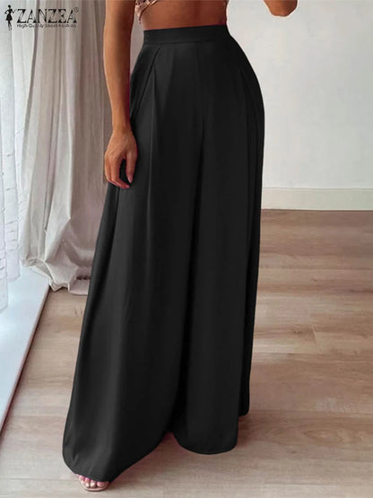 ZANZEA 2025 Pantalon d'été femmes taille haute Baggy Pantalon élégant travail OL Pantalon solide Long Palazzo élégant ample jambe large Pantalon