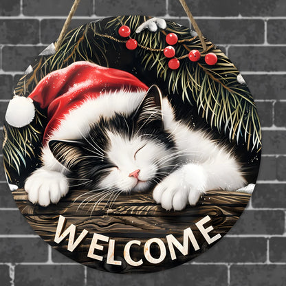 Panneau de bienvenue de noël-20x20 cm, décoration ronde suspendue en bois avec motif de chat endormi, parfait pour les accents de couronne, nouveau Ye