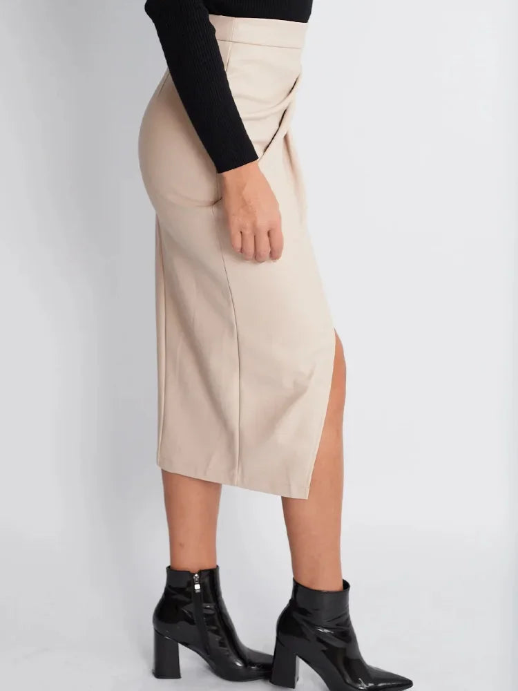 Jupe mi-longue en cuir PU pour femme, taille haute, fermeture éclair élégante, jupes fendues sur le devant, faux cuir noir, jupe pliée pour femme, automne
