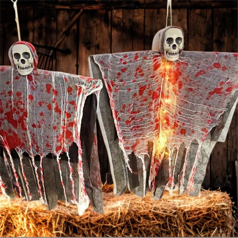 Crâne suspendu pour fête d'halloween, squelette fantôme, ornement, accessoires d'horreur, décorations de maison hantée avec lumière, décorations extérieures