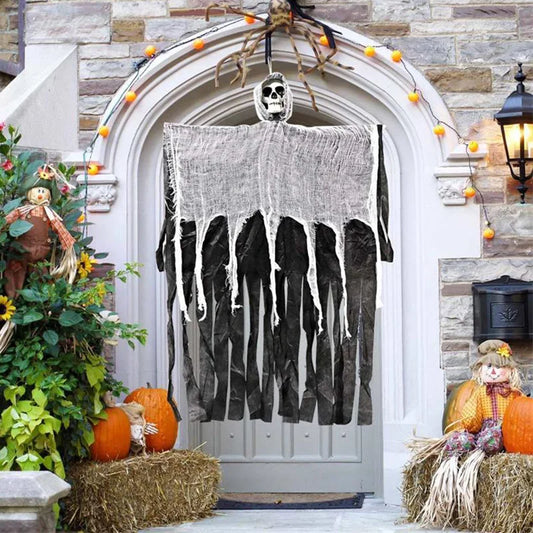 Accessoires de décoration d'Halloween, fantômes suspendus en gaze à tête de crâne, décorations suspendues à l'entrée des maisons hantées