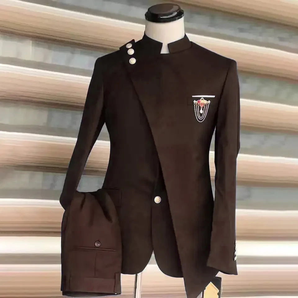 Costume européen et américain pour hommes, grande taille, col montant et col incliné, robe d'affaires, Banquet, Cocktail, robe d'hébergement, ensemble deux pièces