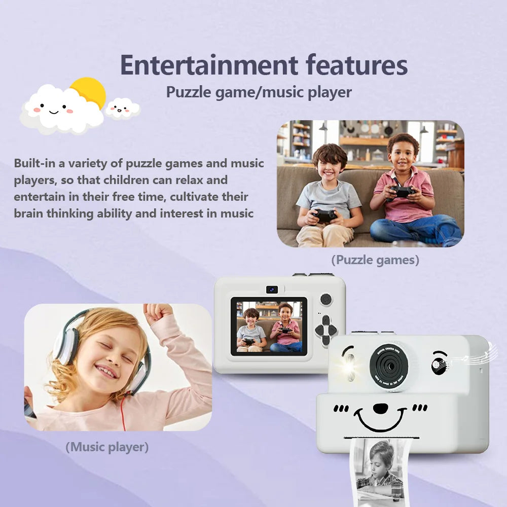 Appareil photo à impression instantanée pour enfants avec carte mémoire de 32 Go, jeux photo, vidéo et puzzle et musique, cadeau parfait pour garçons et filles âgés de 4 ans et plus