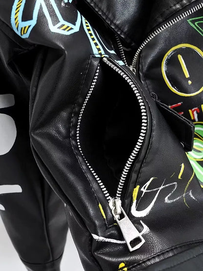 Manteau de marque en cuir PU pour femmes, veste de marque à la mode, imprimé Graffiti coloré, manteaux Punk doux, Slim Locomotive, veste courte, haut en cuir
