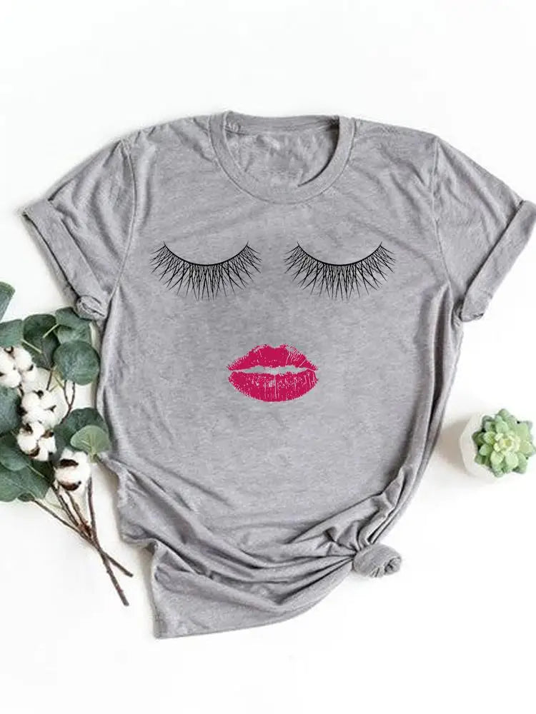 T-shirt manches courtes pour femmes, vêtement basique, haut d'été, maquillage rayé, joli et mignon, imprimé, à la mode, graphique