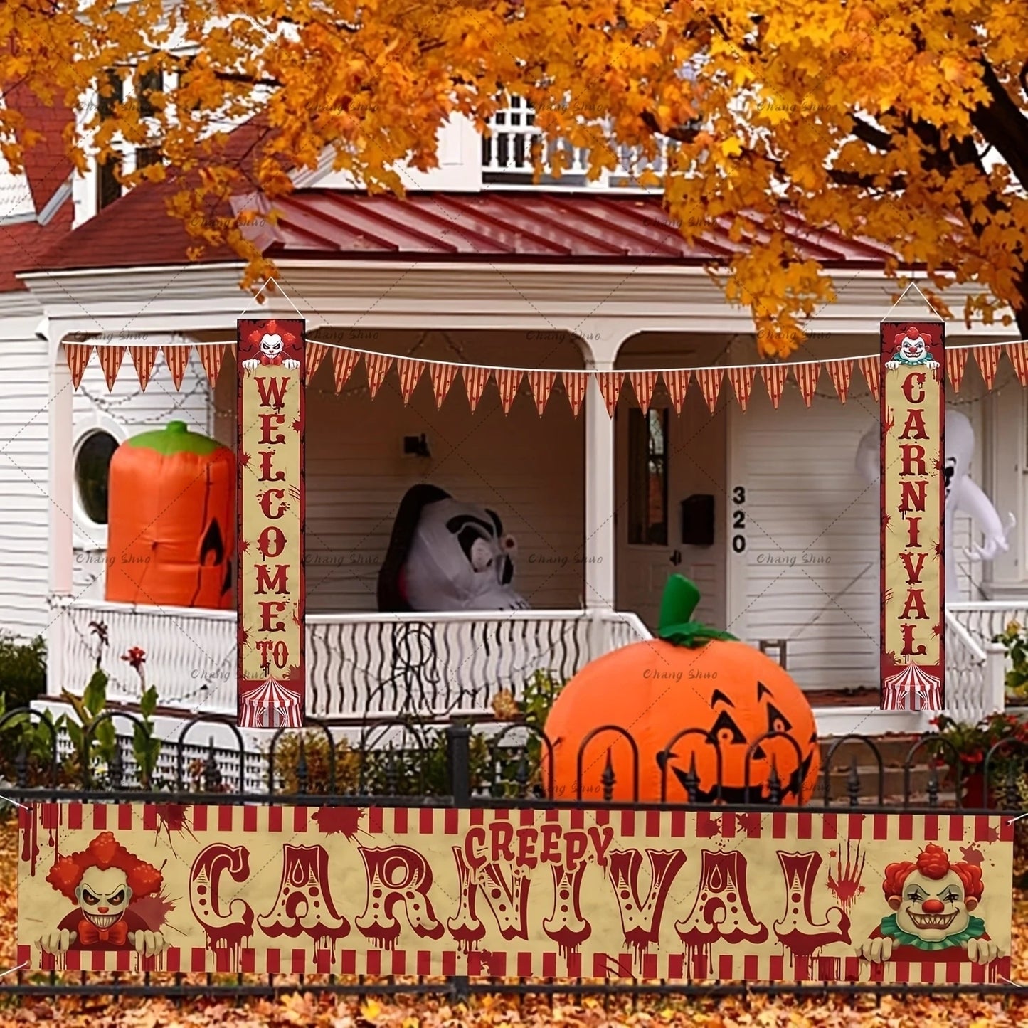 Décorations d'Halloween Effrayant, Porche de Carnaval, "Bienvenue au Carnaval", Design Éclaboussures Sanglantes, Ensemble de Bannières de Clown du Mal LYus