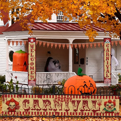 Décorations d'Halloween Effrayant, Porche de Carnaval, "Bienvenue au Carnaval", Design Éclaboussures Sanglantes, Ensemble de Bannières de Clown du Mal LYus