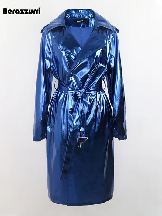 Nerazzurri-Manteau Long en Cuir PU pour Femme, Manteau Cool et Beau, Bleu Brcorporelle, Moulé, Verni, Ceinture, Mode Européenne, Printemps et Automne