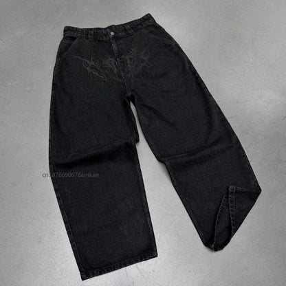 Ins-Pantalon droit en coton noir pour hommes et femmes, Jeans College de motifs de personnalité sombre, High Street Couple, Automne, Hiver, Nouveau
